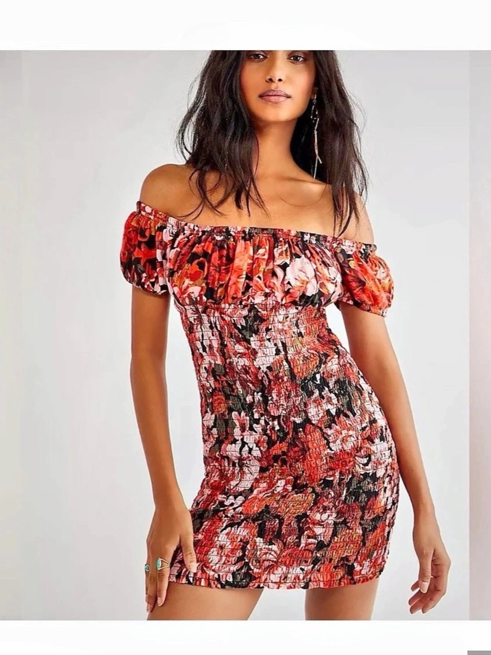 Free People Floral Off-Shoulder Mini Dress in Red & Black